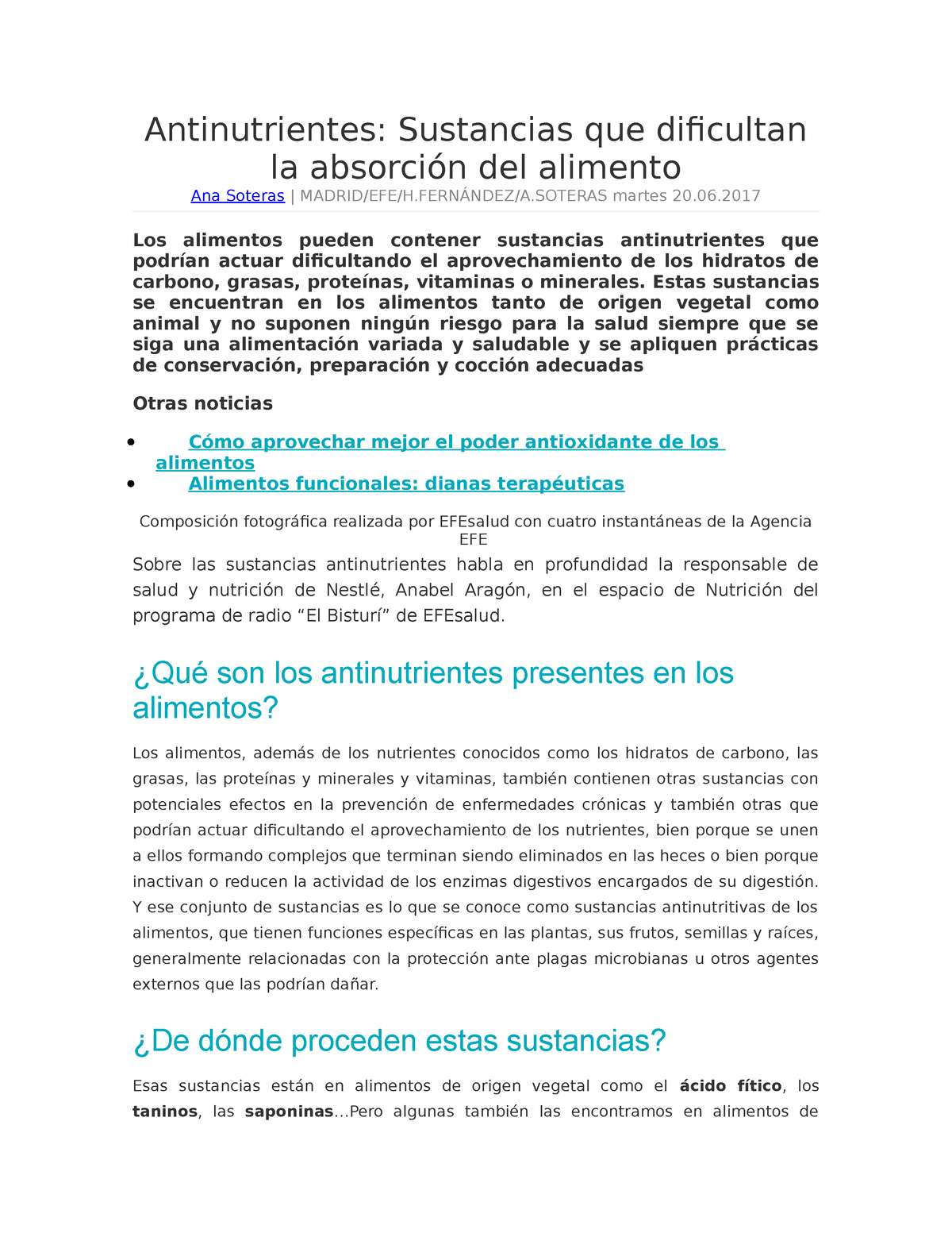 Aplicaciones Practica 4 Y 5- Parte I - Antinutrientes: Sustancias Que ...