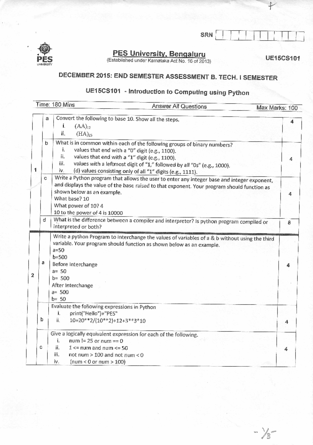 Python Exam 2018 - SRN PES UNIVERSITY UNIVERSITY PES University ...
