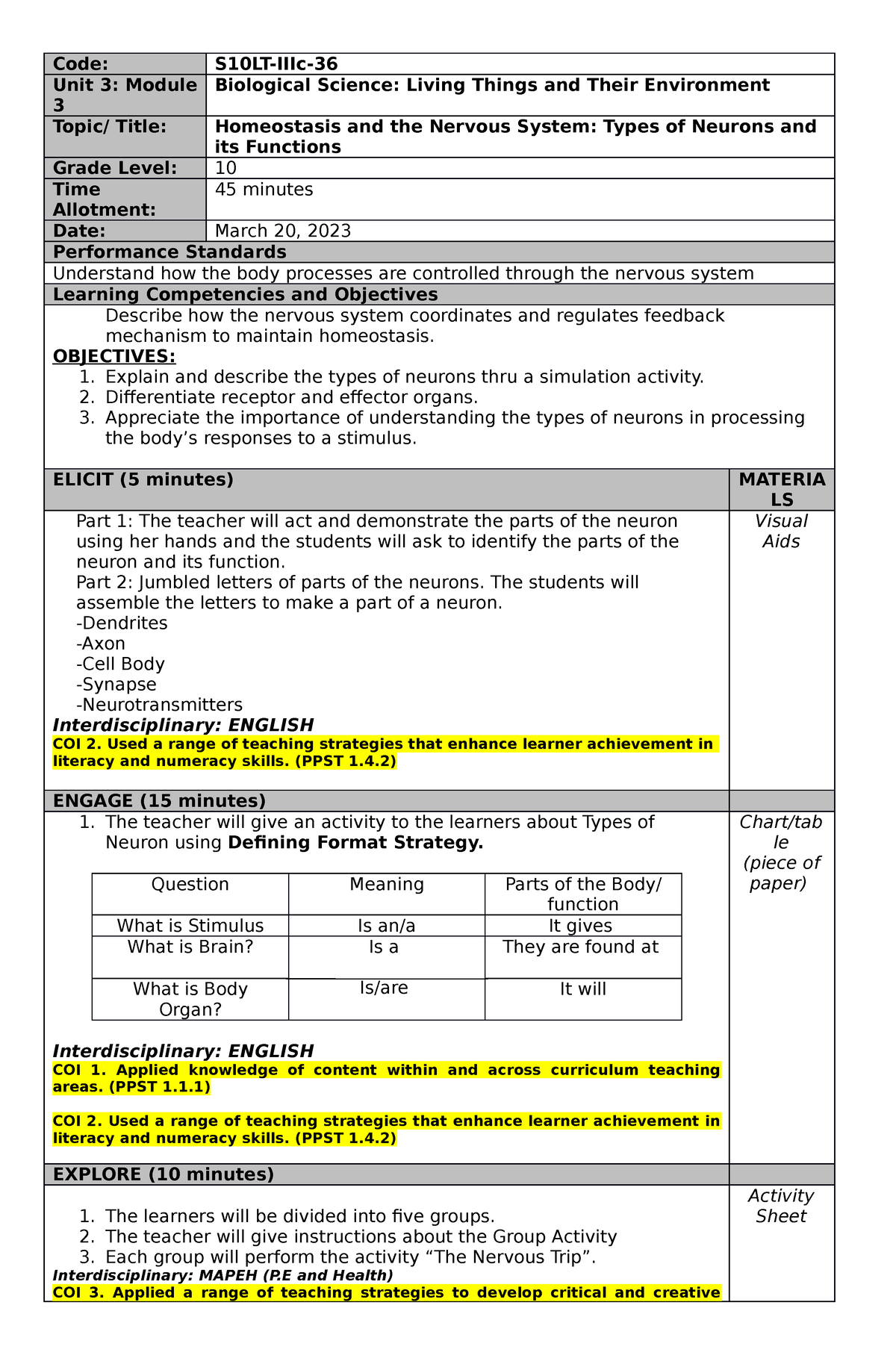 COT 1 DLP Verde 2023 - DLP - Code: S10LT-IIIc- Unit 3: Module 3 ...