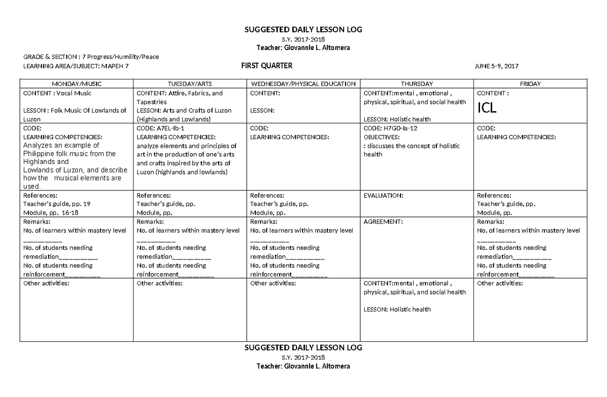 Suggested Daily Lesson LOG 2017-2018 Mapeh 7 - SUGGESTED DAILY LESSON ...