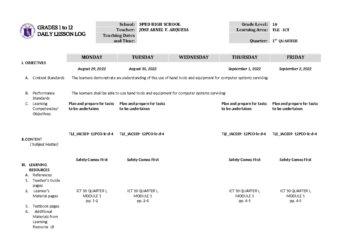 DLL TLE ICT CSS 10 Q1 W2 - GRADES 1 to 12 DAILY LESSON LOG School: SPED ...