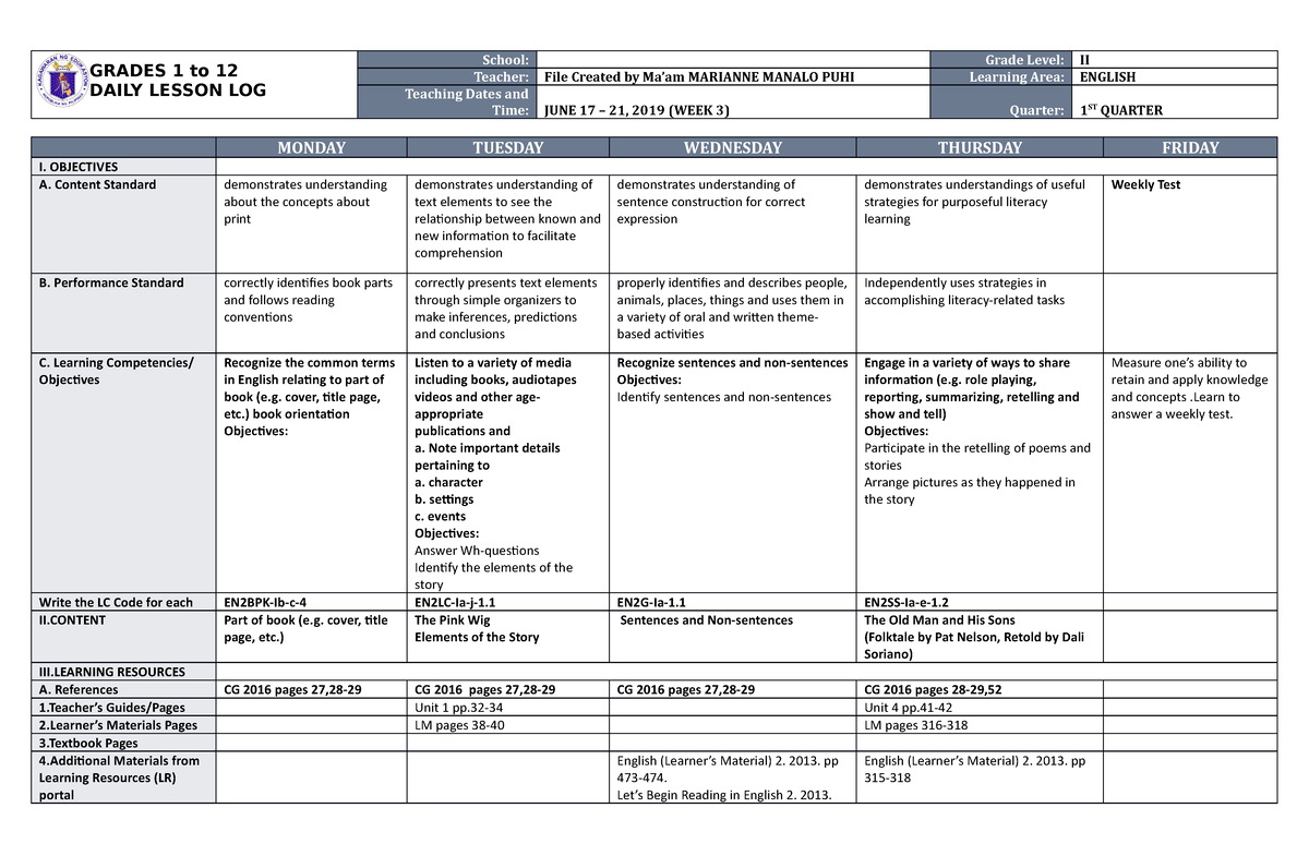 DLL English 2 Q1 W3 - Basic Lesson Plan - GRADES 1 To 12 DAILY LESSON ...