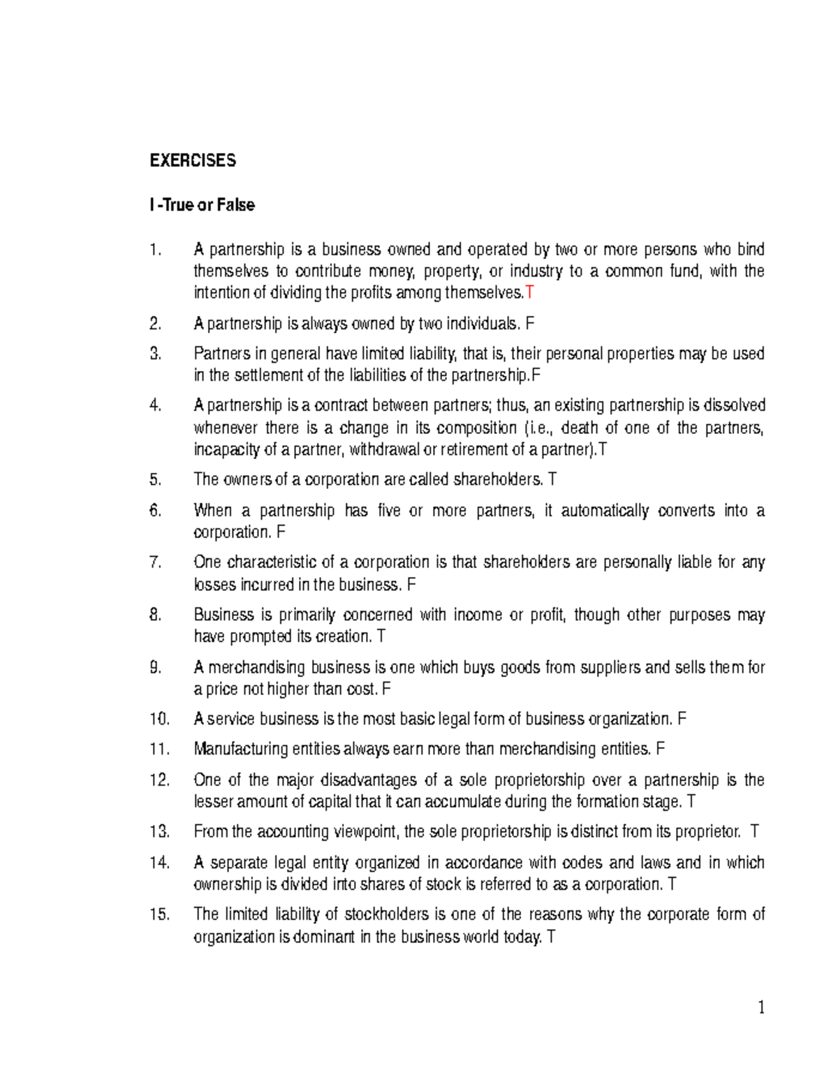 Chapter 1 Exercises - Overview of Accounting (Answers) - EXERCISES I ...