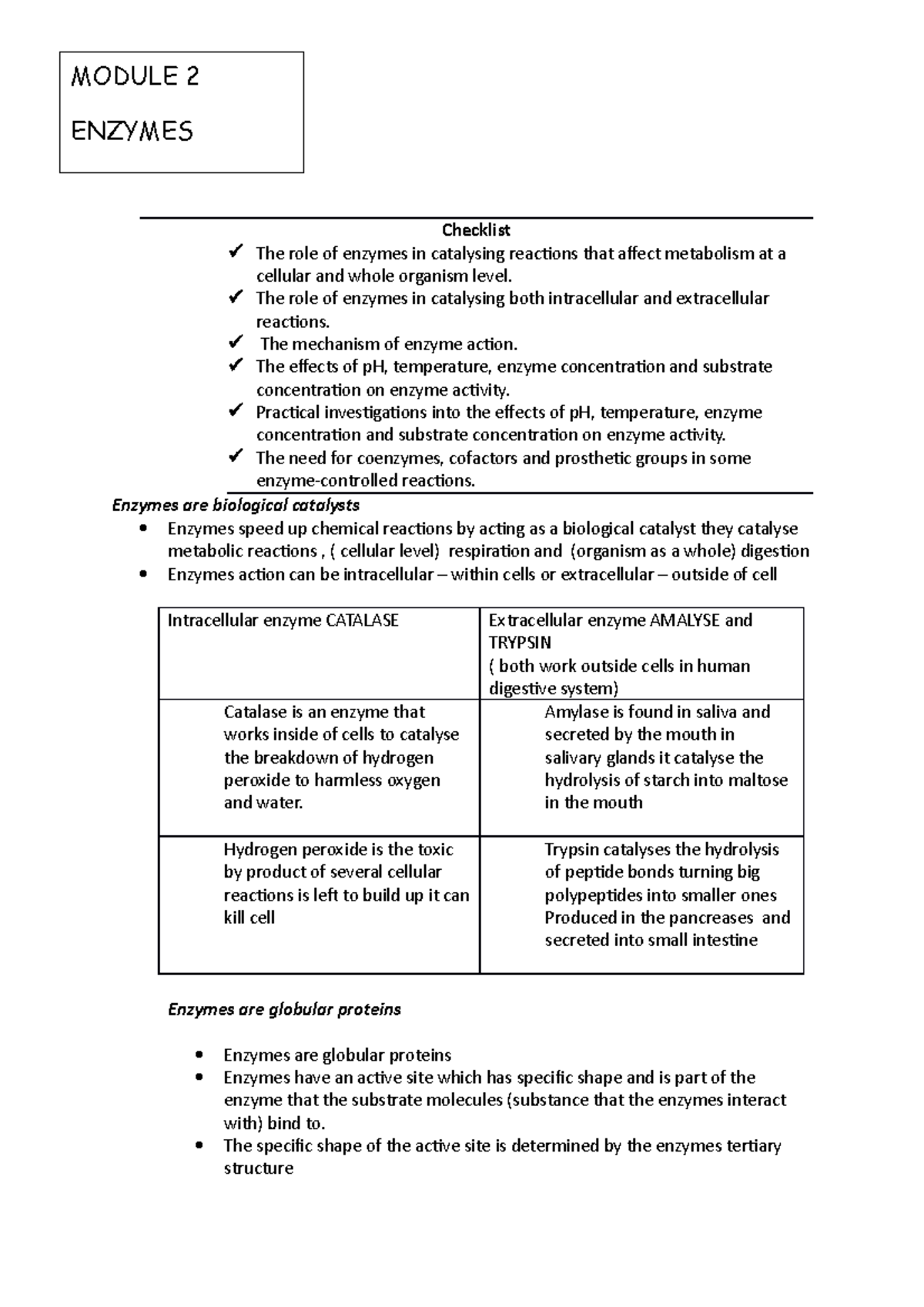 Enzymes OCR A Biology AS / A level Checklist The role of enzymes in