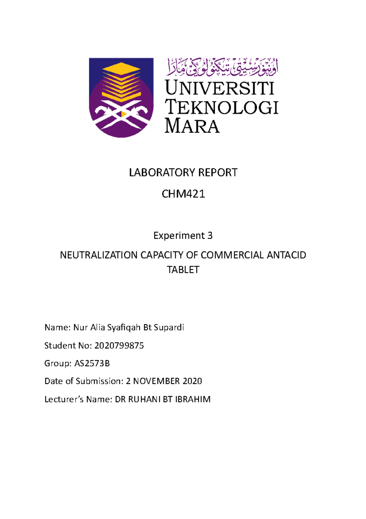 lab report experiment 5 chm421