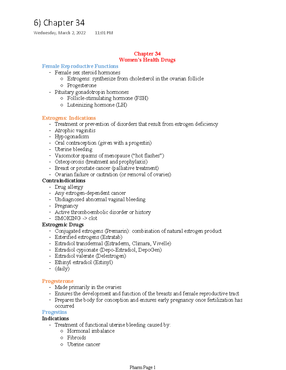 Women's Patho Women's Notes Chapter 34 Women’s Health Drugs Female