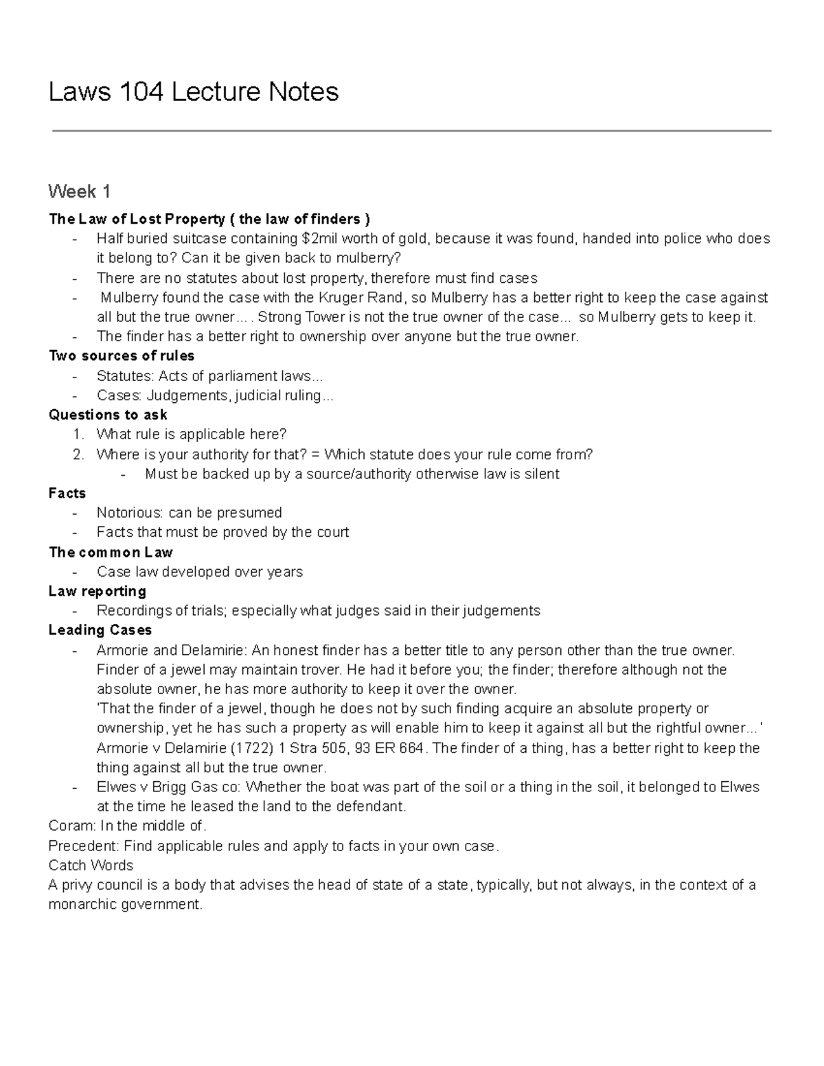 Laws 104 lecture notes - Laws 104 Lecture Notes Week 1 The Law of Lost ...