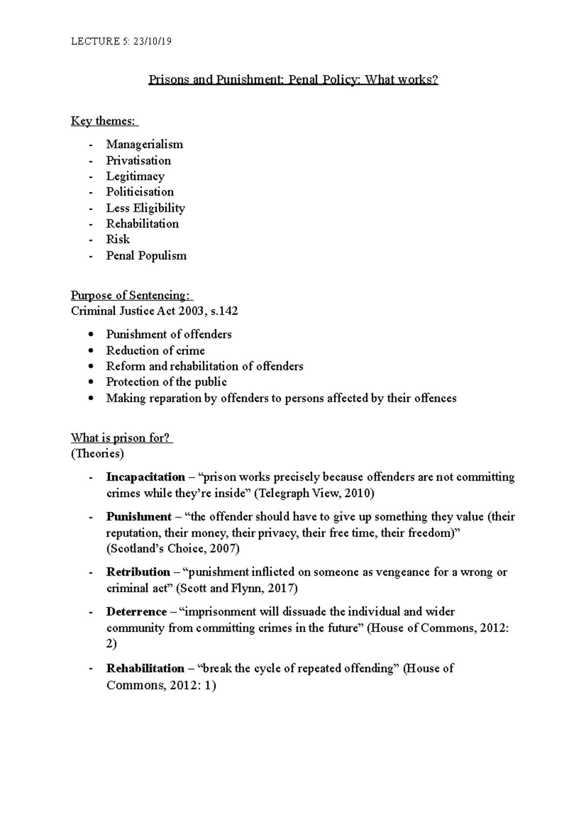 Lecture 5 - Prisons and Punishment - LECTURE 5: 23/10/ Prisons and ...
