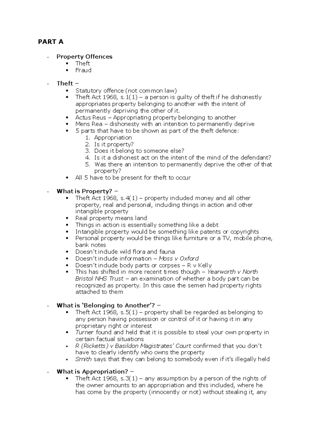 Lecture 7, criminal law PART A Property Offences Theft Fraud