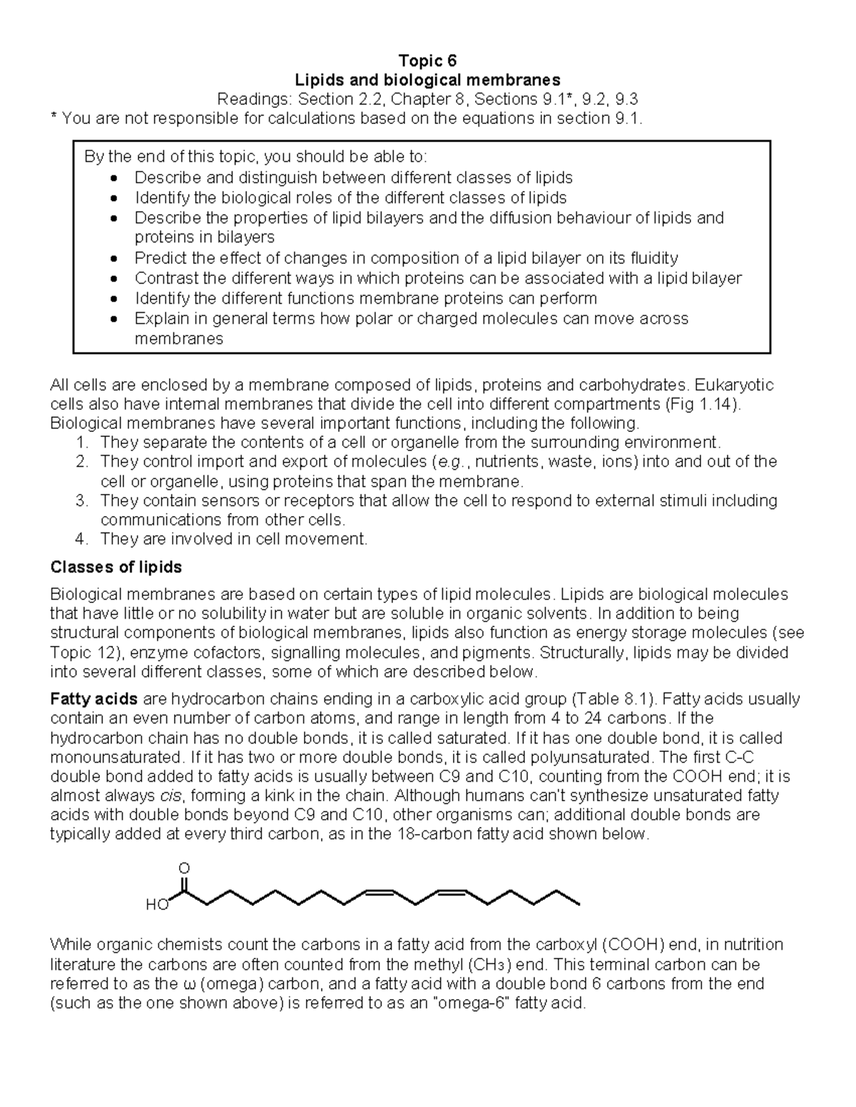 Topic 6 Lecture Notes - Topic 6 Lipids and biological membranes ...