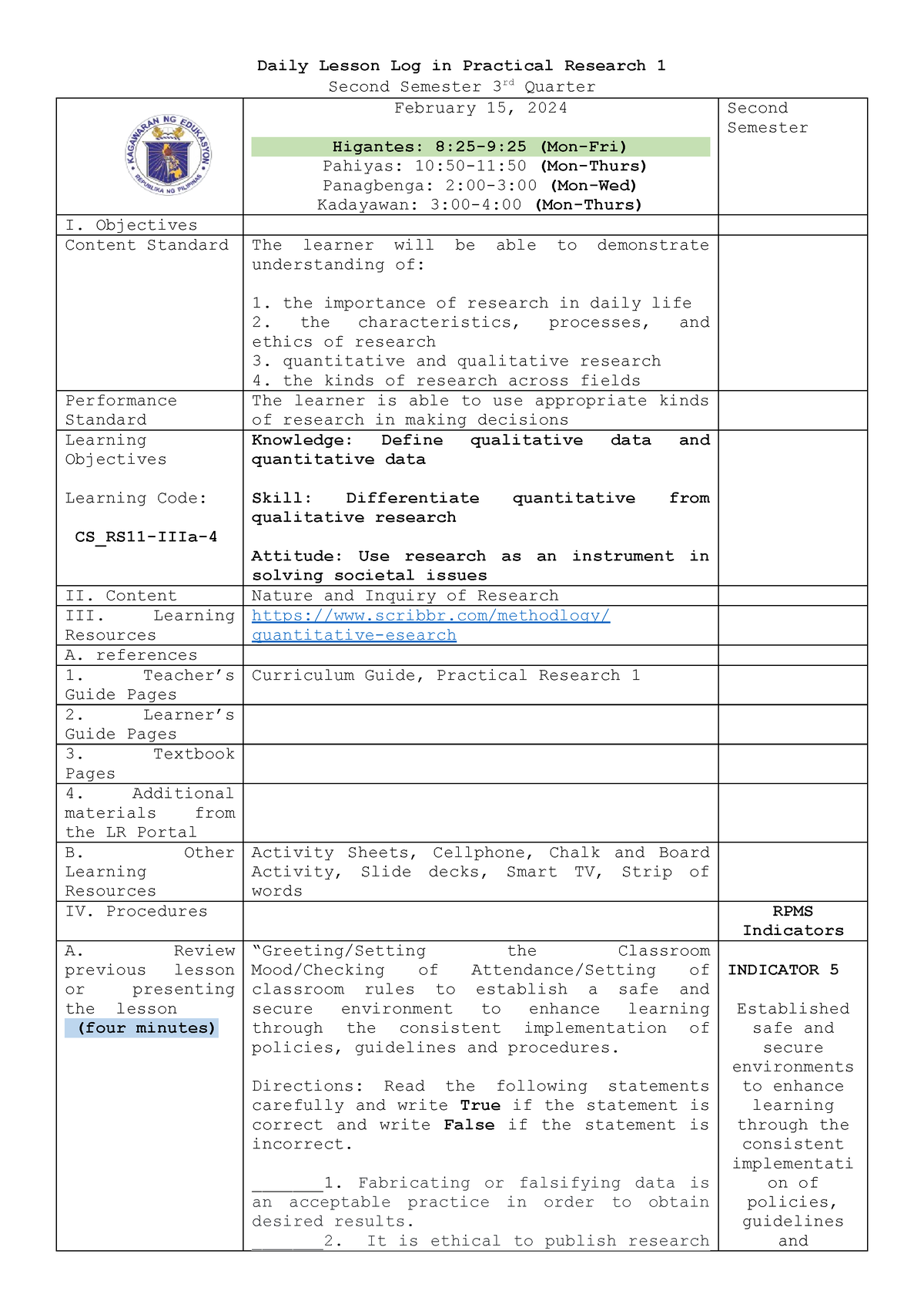 research 1 lesson plan