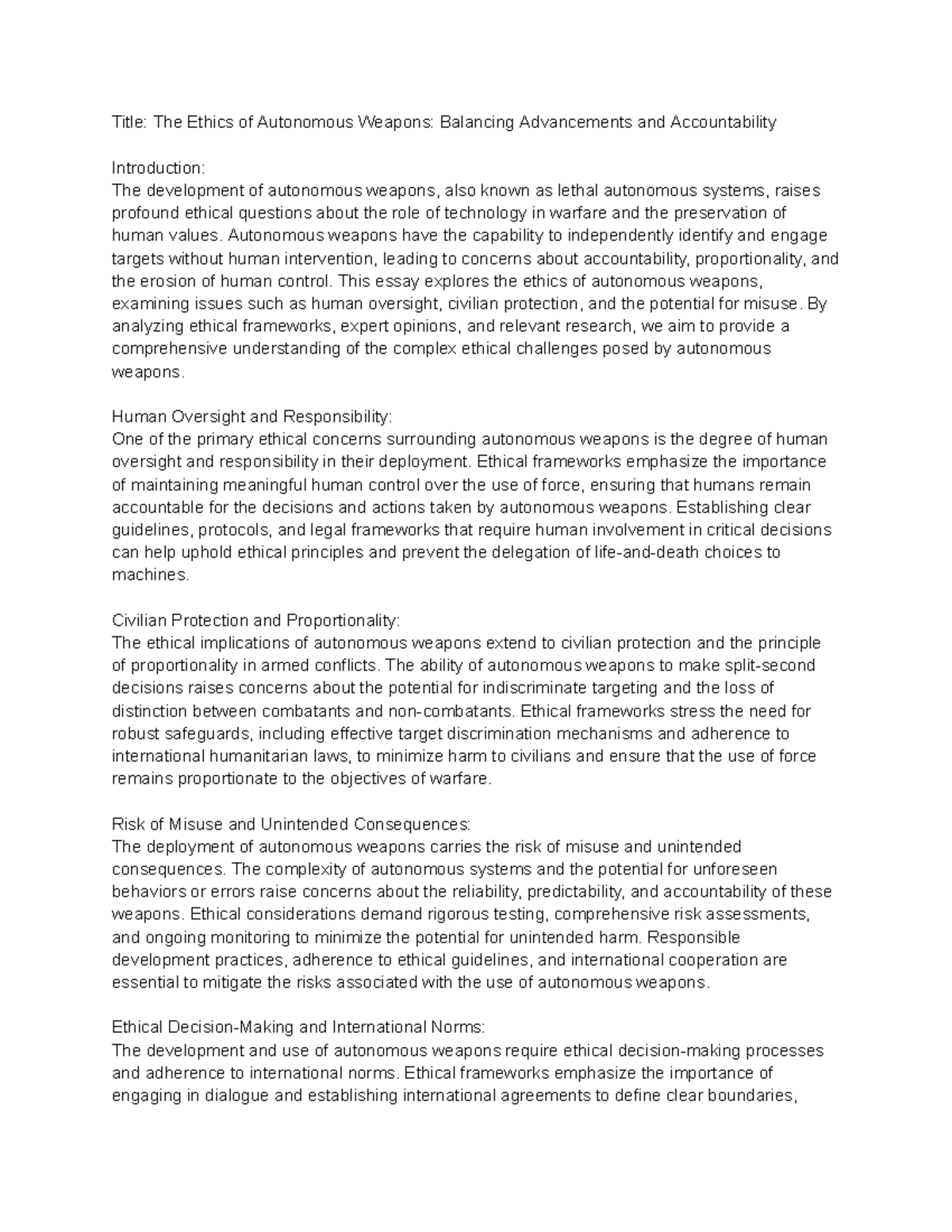 Title The Ethics of Autonomous Weapons Balancing Advancements and ...