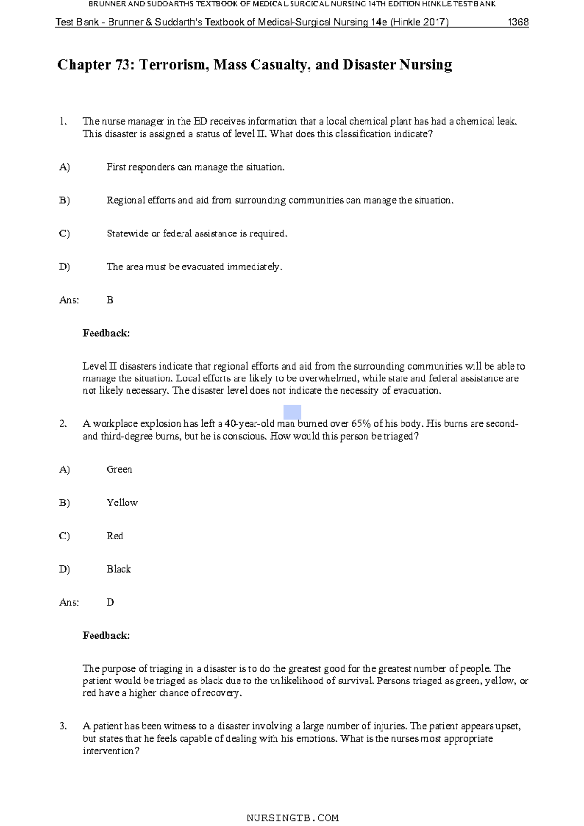 Ch 73 Brunner And Suddarths Chapter 71 Quizbank - Chapter 73: Terrorism ...