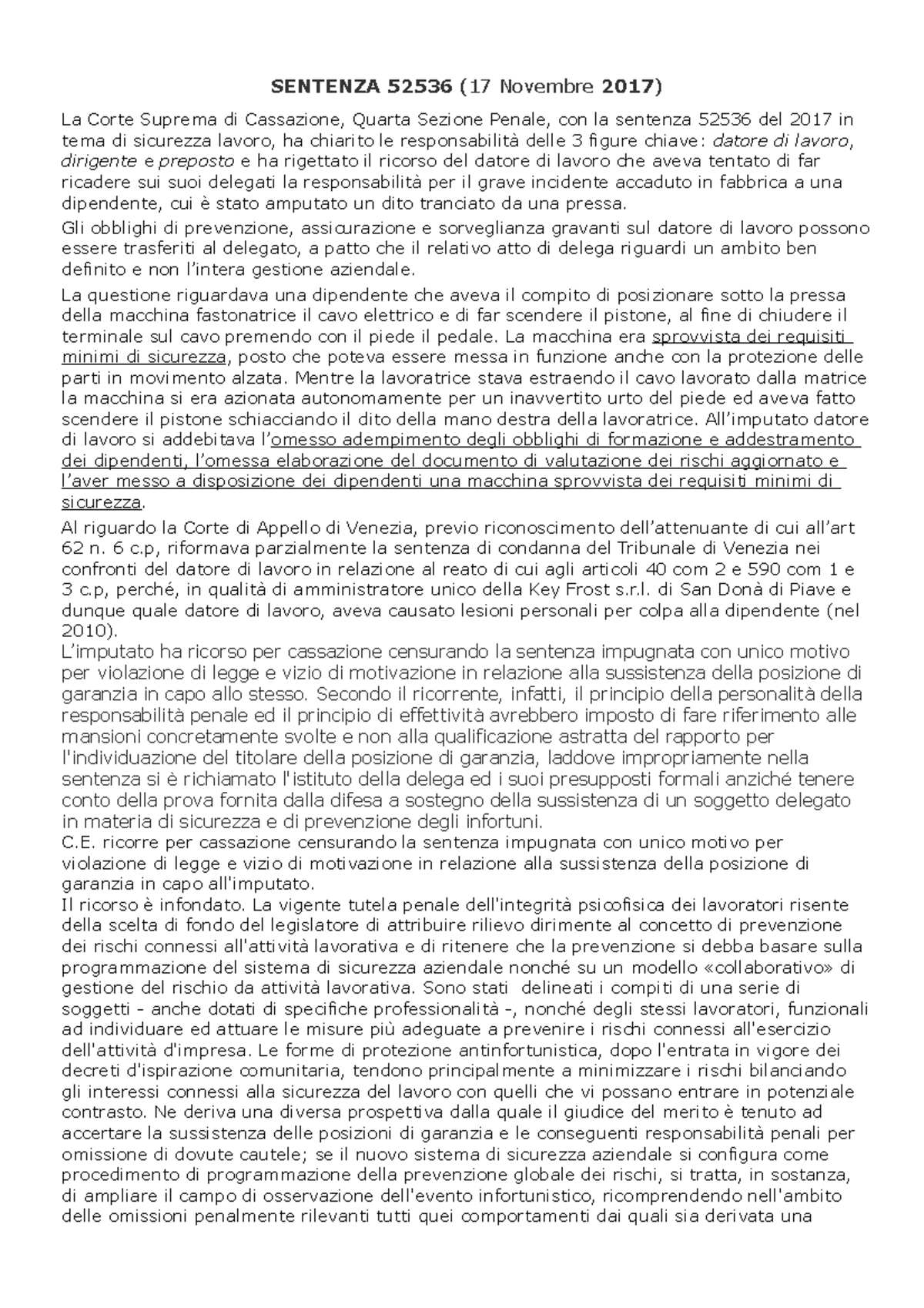 Spiegazione sentenza - SENTENZA 52536 (17 Novembre 2017 ) La Corte ...