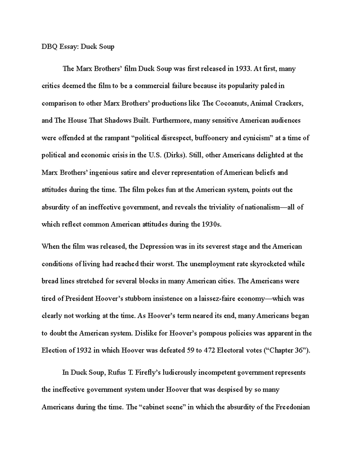 DBQ Essay Duck Soup DBQ Essay Duck Soup The Marx Brothers’ film Duck