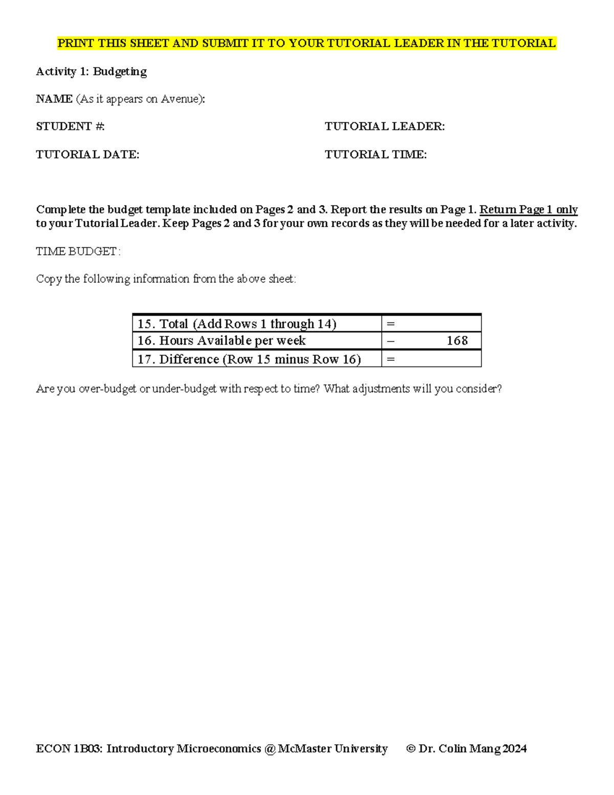 Activity 1 - studying - PRINT THIS SHEET AND SUBMIT IT TO YOUR TUTORIAL ...