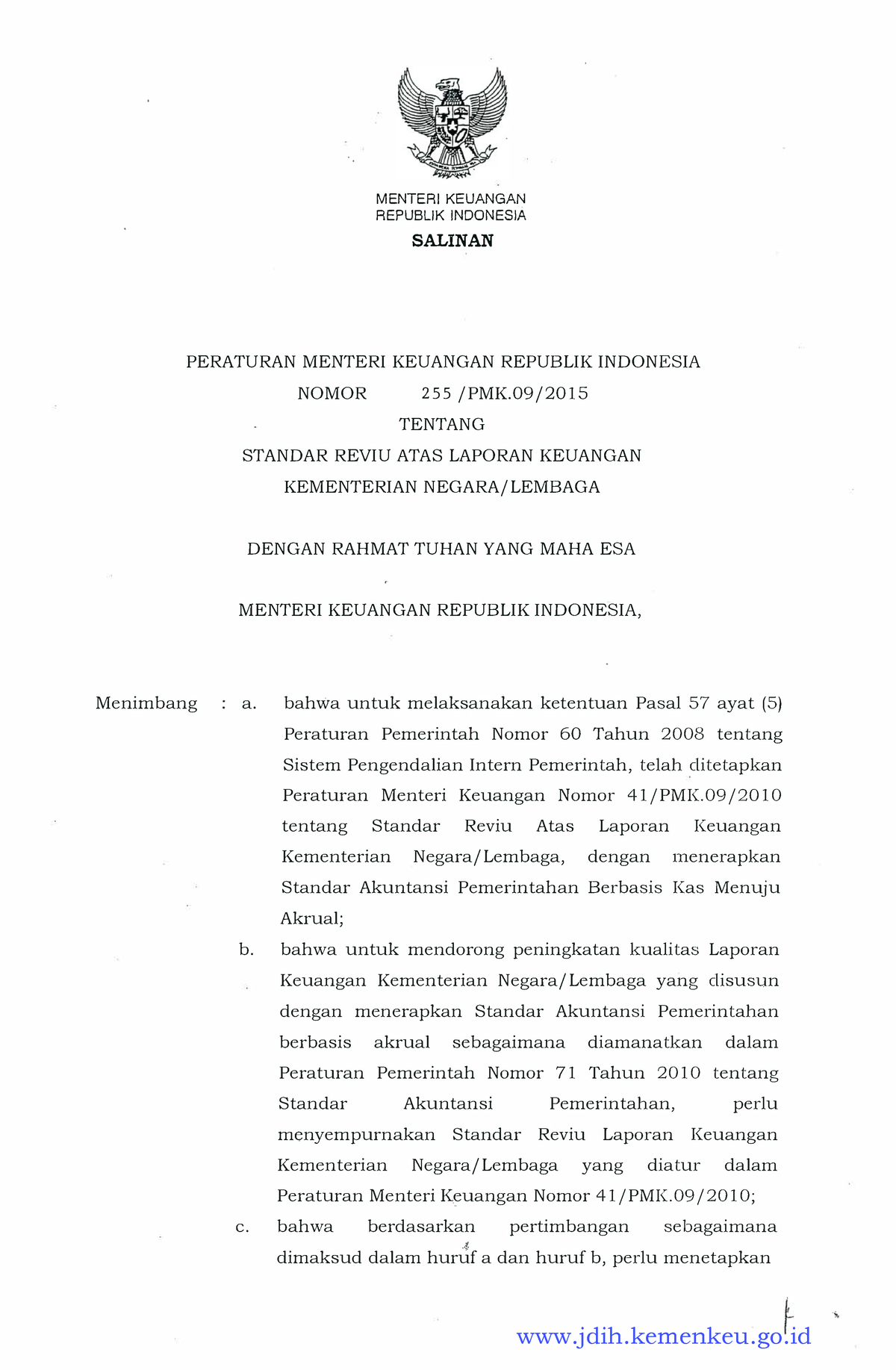 Peraturan Menteri Keuangan Nomor 255 Tahun 2015 - MENTERIKEUANGAN ...