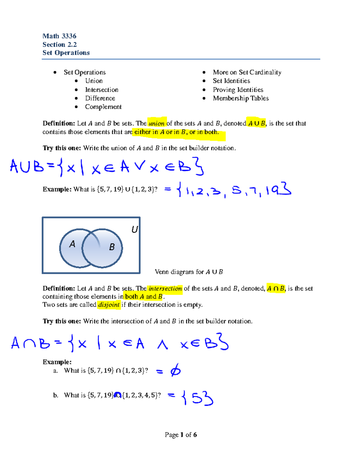 Discrete Mathematics - Lecture 2.2 Set Operations - Warning: TT ...