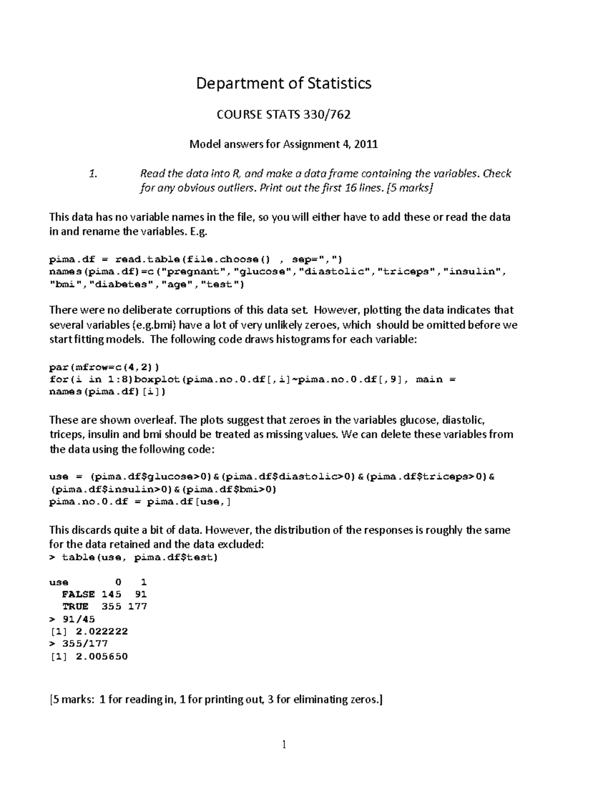 STATS330 2011 Assignment 4 - Answers - Department of Statistics COURSE ...