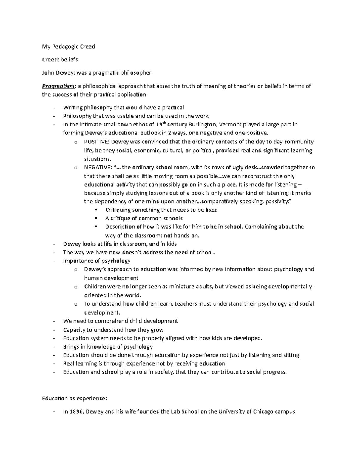 Midterm Notes Week 6 - My Pedagogic Creed Creed: beliefs John Dewey ...