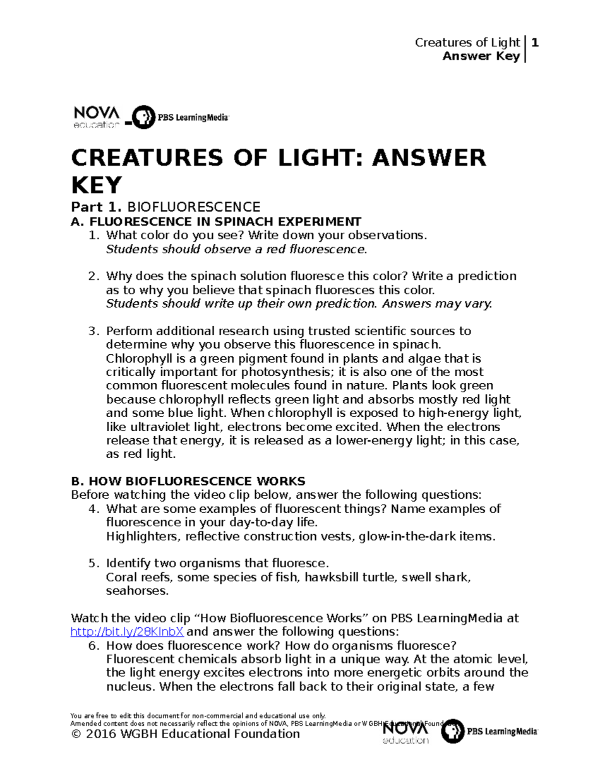 COL Activity Answer Key Answer Key CREATURES OF LIGHT ANSWER KEY Part 1. BIOFLUORESCENCE A