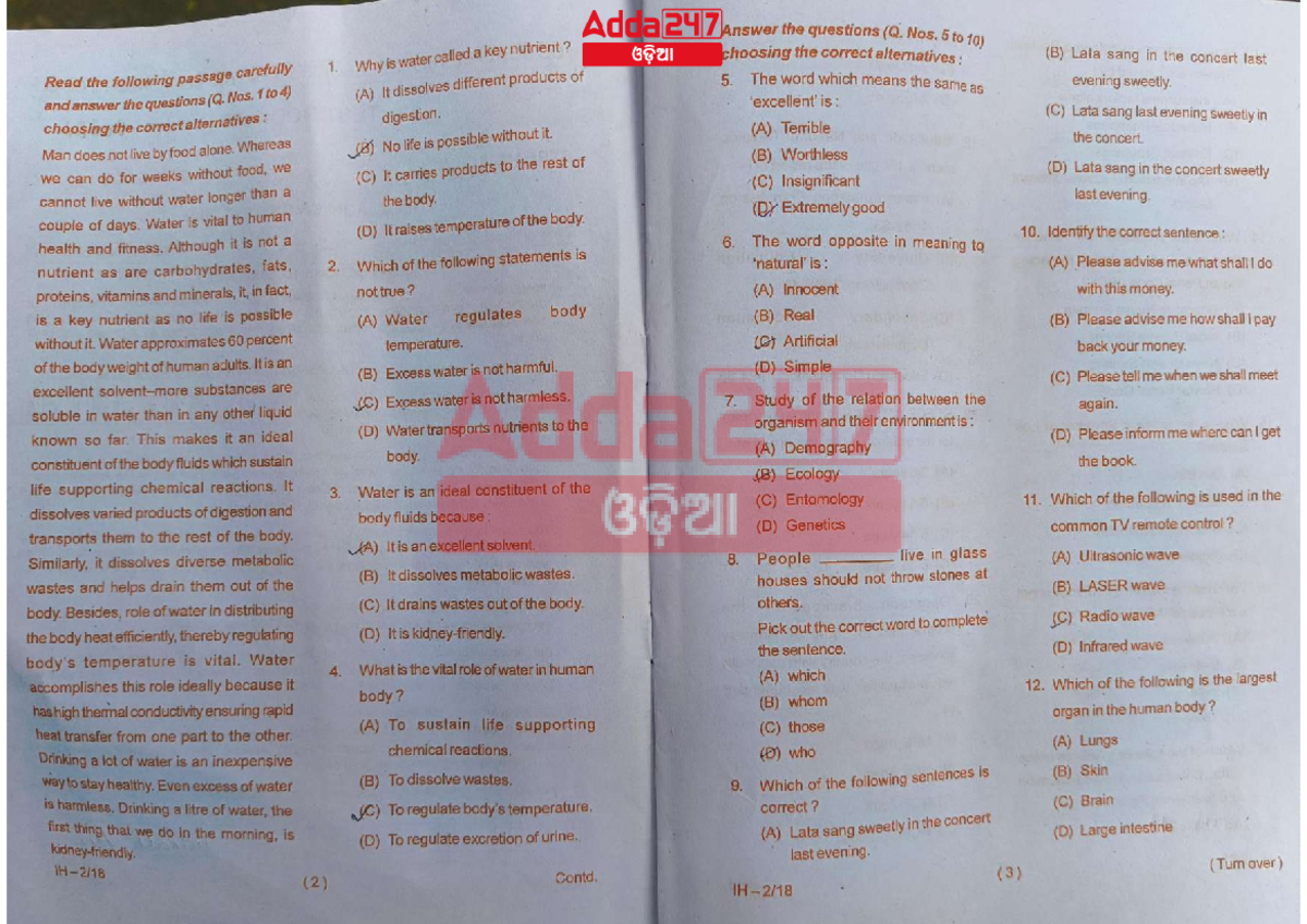 Odisha BEd Question Paper 2024 Science SET C - Adda247 1. Why is water ...