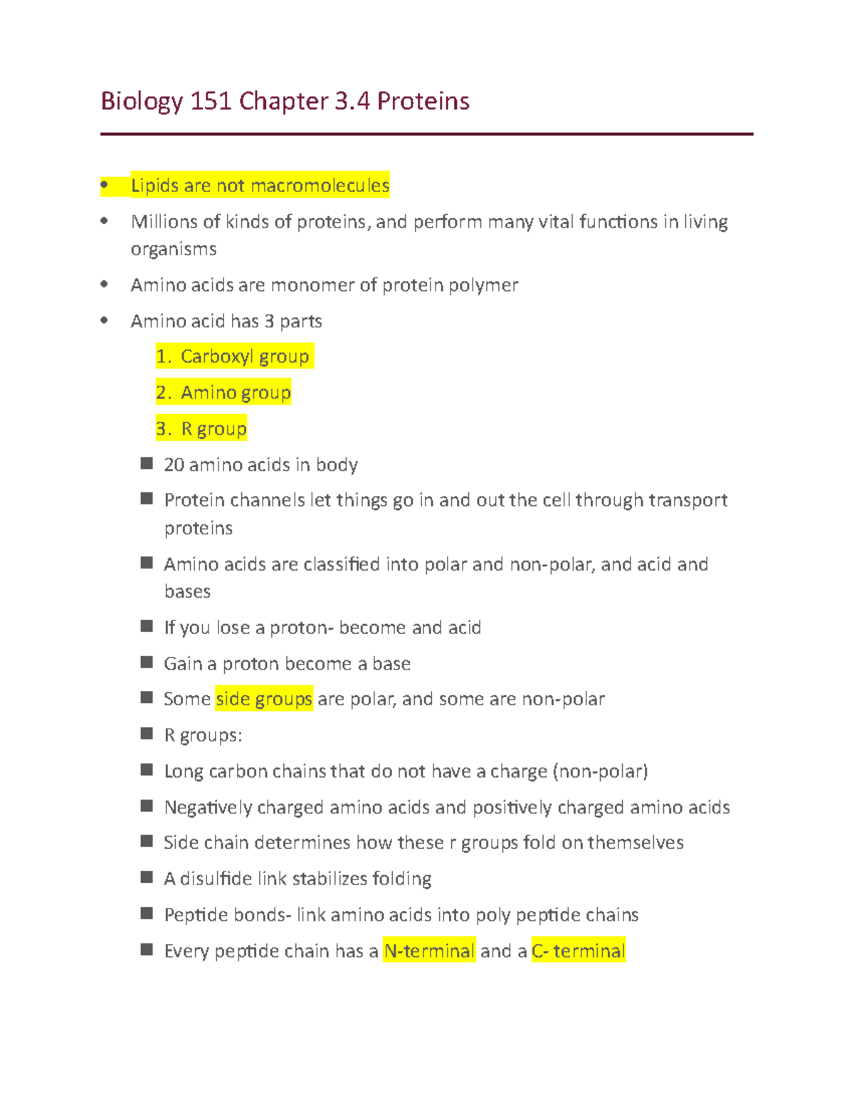 Biology 151 Chapter 3.2 Notes - Biology 151 Chapter 3 Proteins Lipids ...