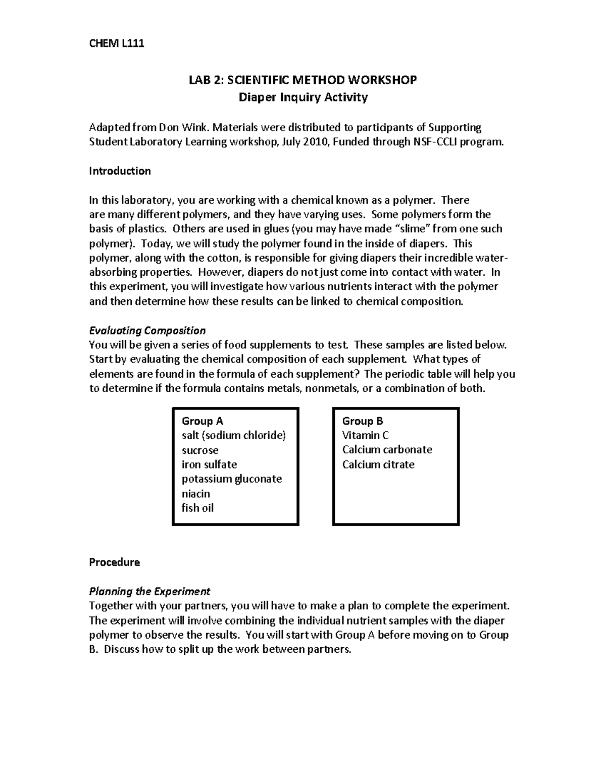 2 Diaper Experiment Handout CHEM L LAB 2 SCIENTIFIC METHOD