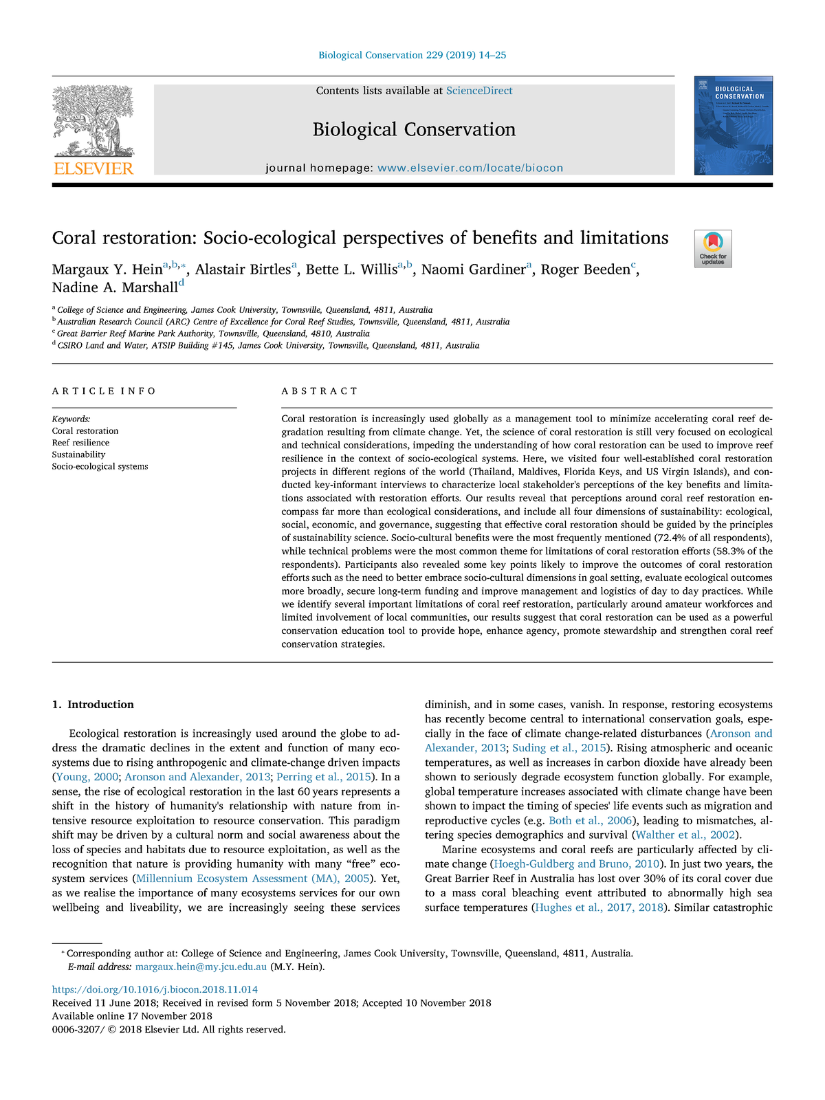 06 Hein Et Al 2019 Biological Conservation Coral Restoration - Contents ...