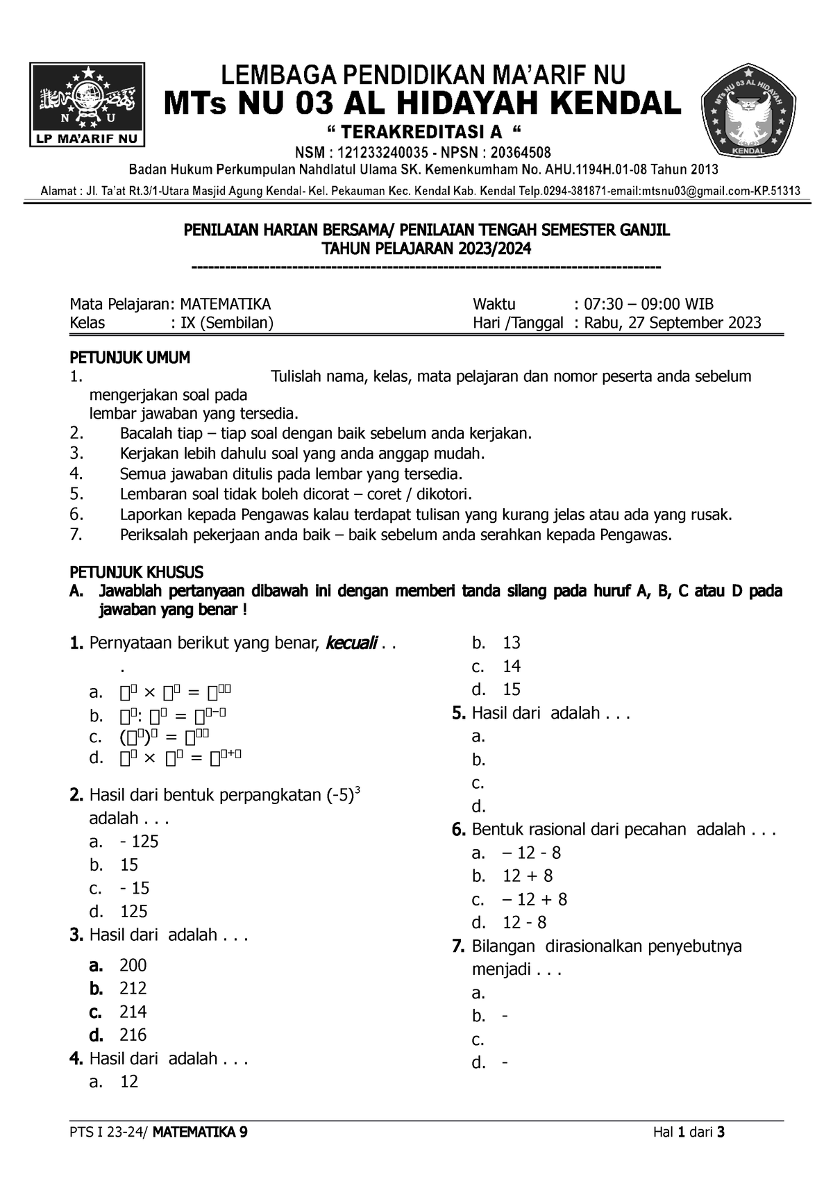 MTS Matematika 9 PTS 1 - Tes - PENILAIAN HARIAN BERSAMA/ PENILAIAN ...