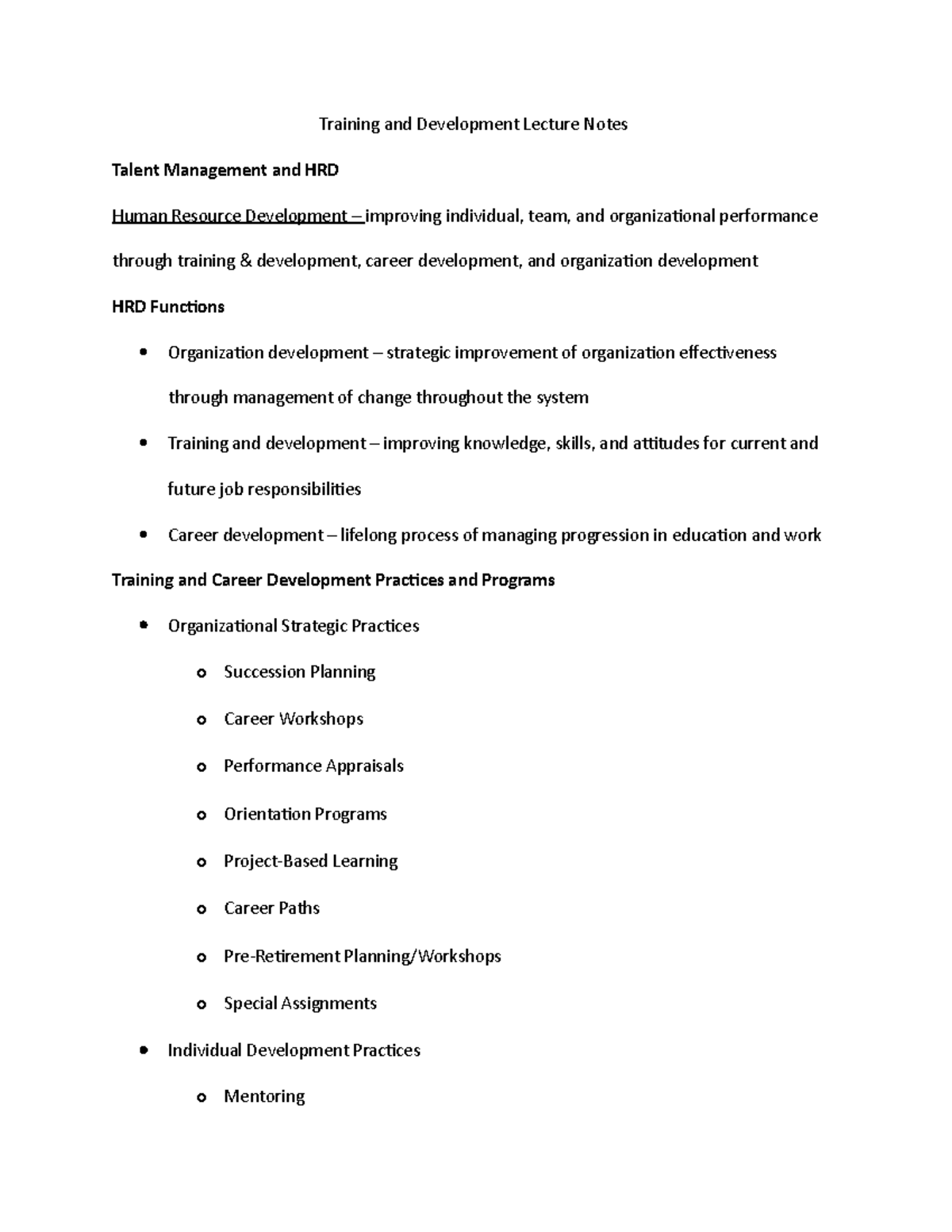 Lecture 5 notes - Training and Development Lecture Notes Talent ...