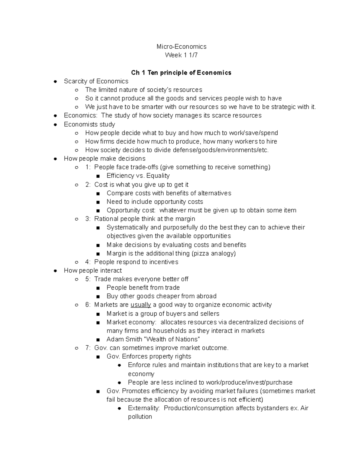 Microeconomics Notes - Micro-Economics Week 1 1/7 Ch 1 Ten principle of ...