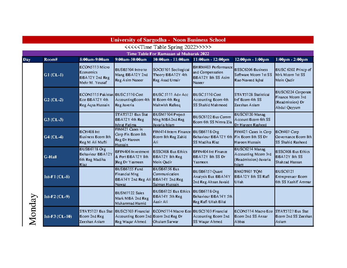 Ramzan Time Table - Time changing - Day Room# 8:00am-9:00am 9:00am-10 ...