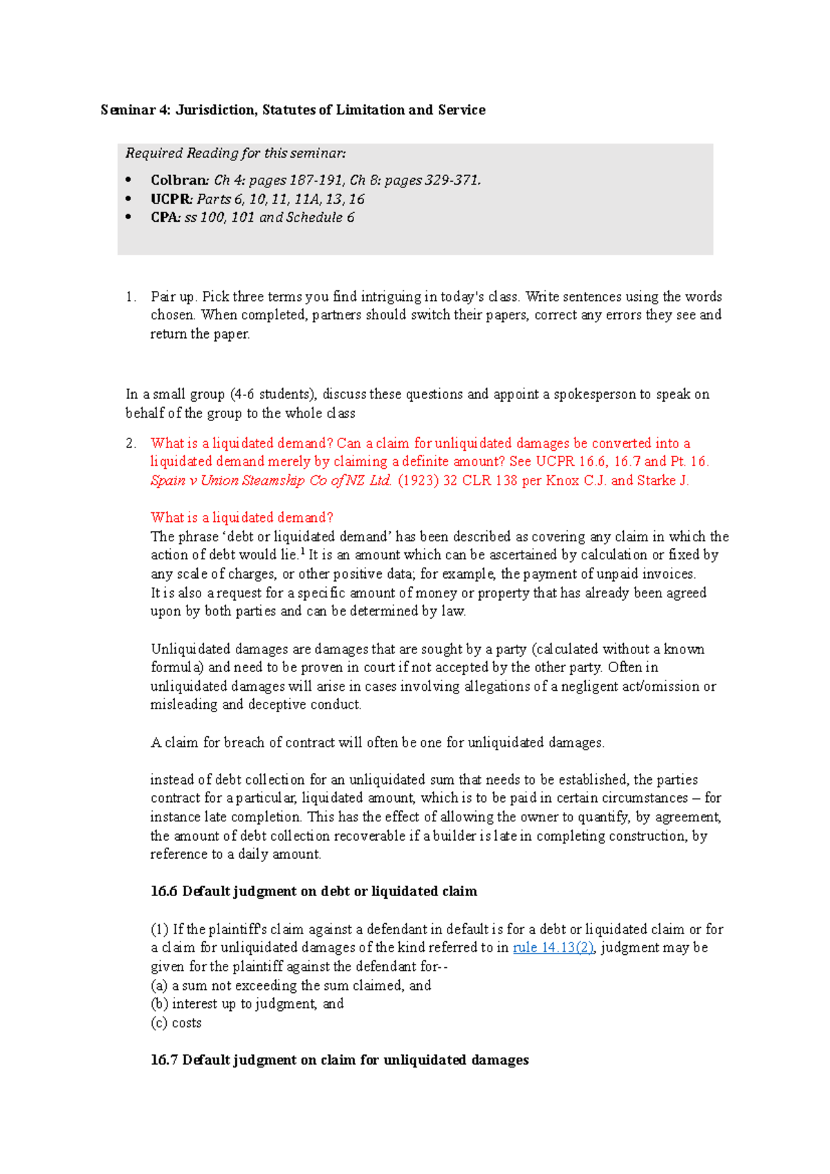 Tutorial week 4 Seminar 4 Jurisdiction, Statutes of Limitation and