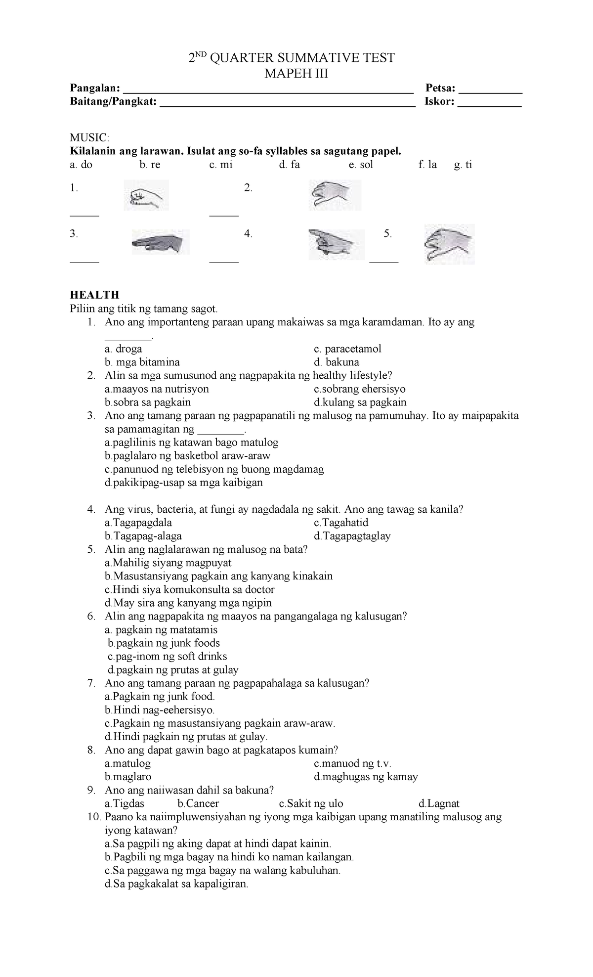 2ND Quarter Summative TEST Mapeh PART 1 - 2 ND QUARTER SUMMATIVE TEST ...
