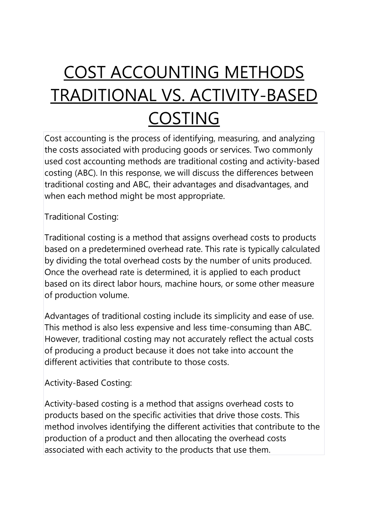 COST Accounting Methods Traditional VS. Activity- Based Costing - COST ...