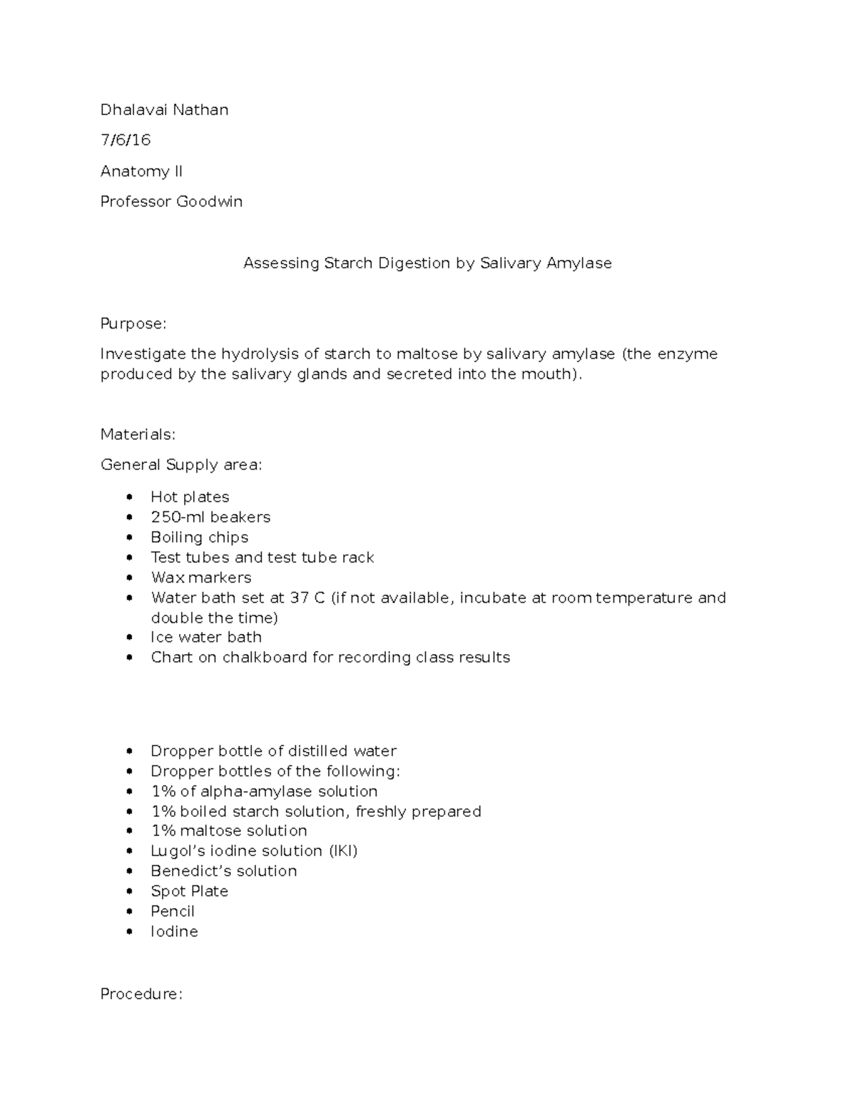 325540656 Lab Report Starch Digestion - Dhalavai Nathan 7/6/ Anatomy II ...