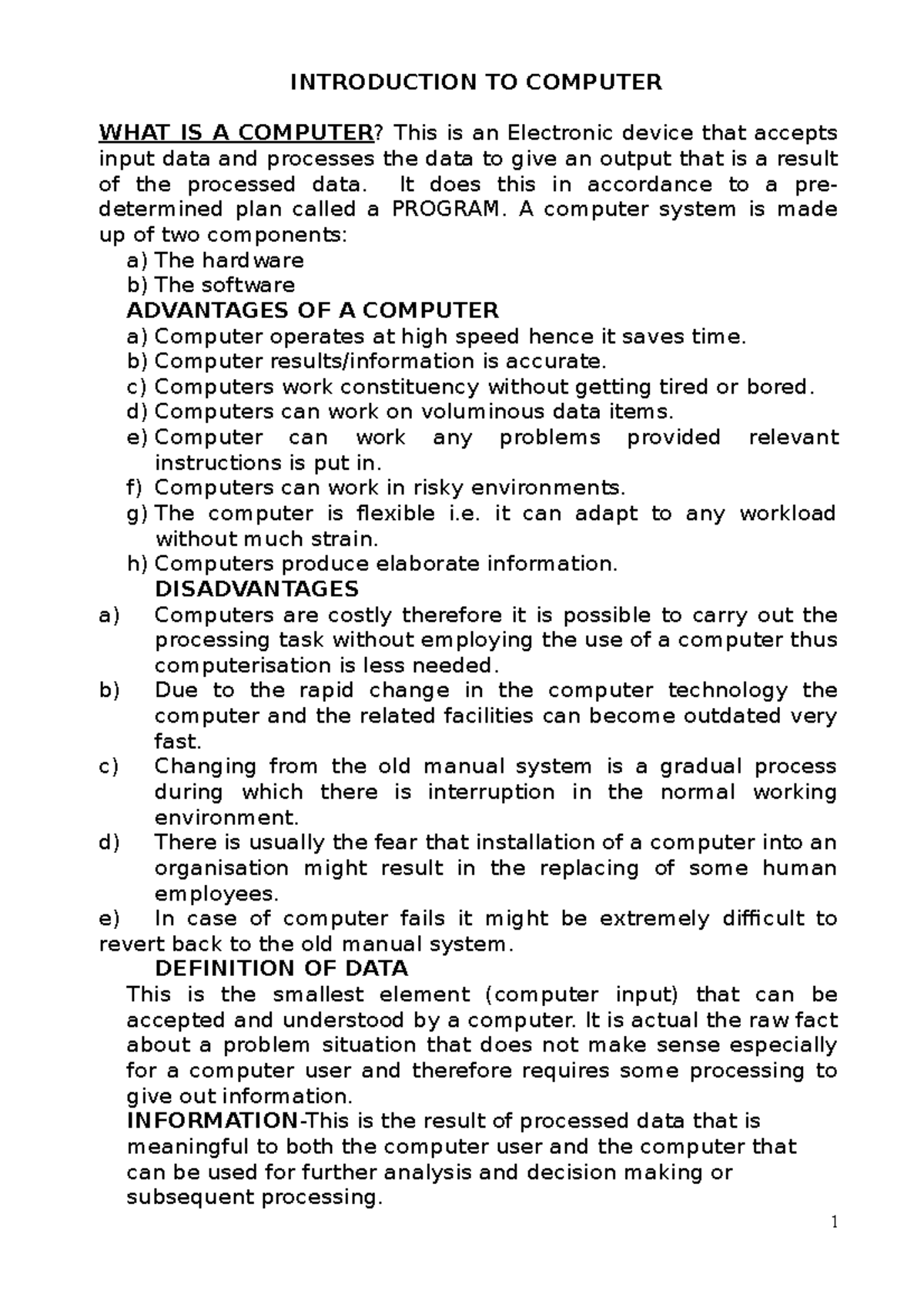 Introduction TO Computer-os - INTRODUCTION TO COMPUTER WHAT IS A ...