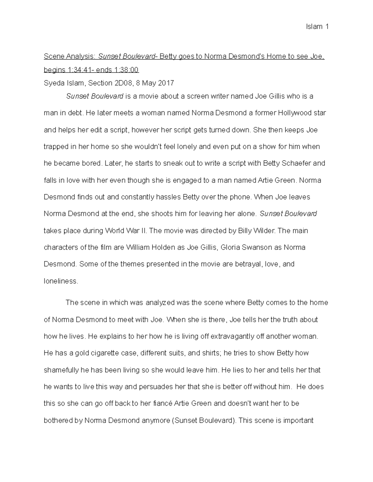 Scene Analysis Grade A Scene Analysis Sunset Boulevard Betty