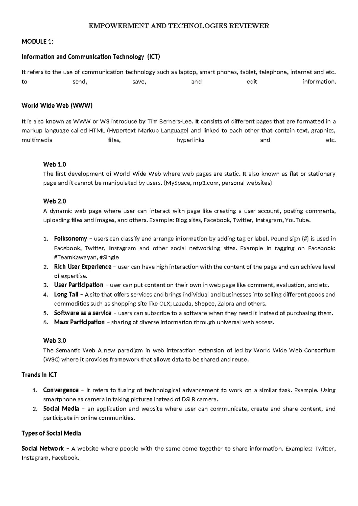 Empowerment AND Technologies Reviewer 1 2 - EMPOWERMENT AND ...