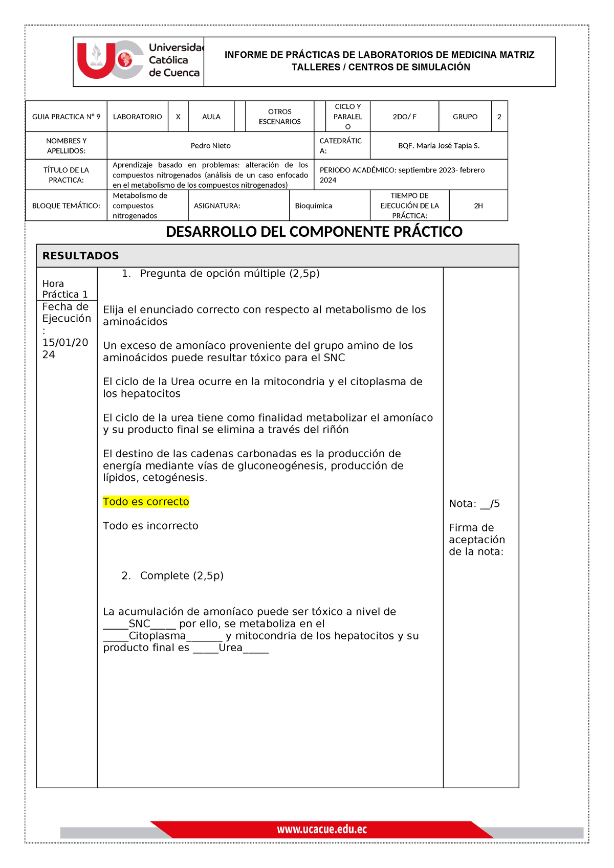 Informe Práctica 9 Bioquímica - INFORME DE PRÁCTICAS DE LABORATORIOS DE ...