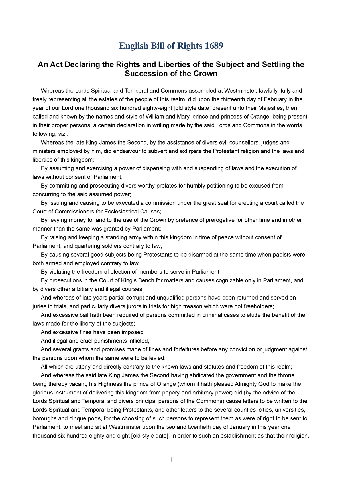 Lez3 English Bill Of Rights 1689 English Bill Of Rights 1689 An Act Declaring The Rights And 