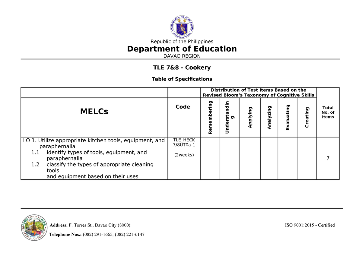 2 TOS TLE 7&8 Cookery - TOS - Republic of the Philippines Department of ...