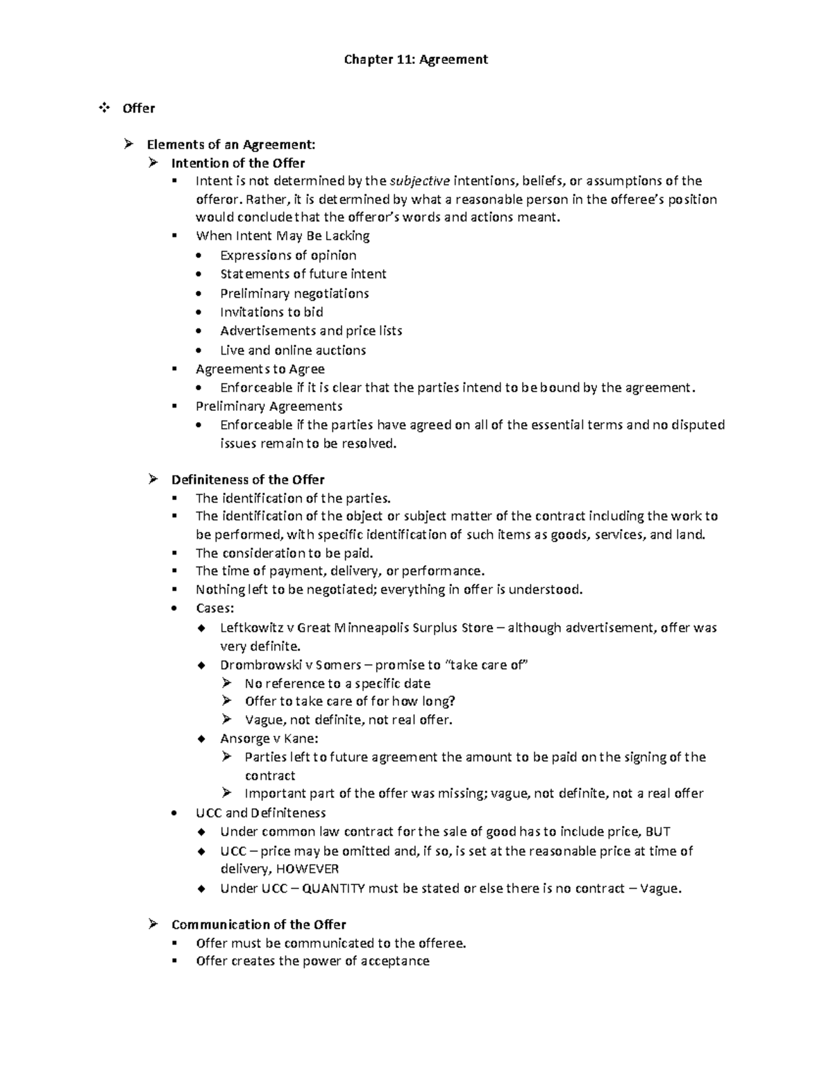 Chapter 11 Agreement - Lec. Notes by instructor WZ - Offer Elements of ...