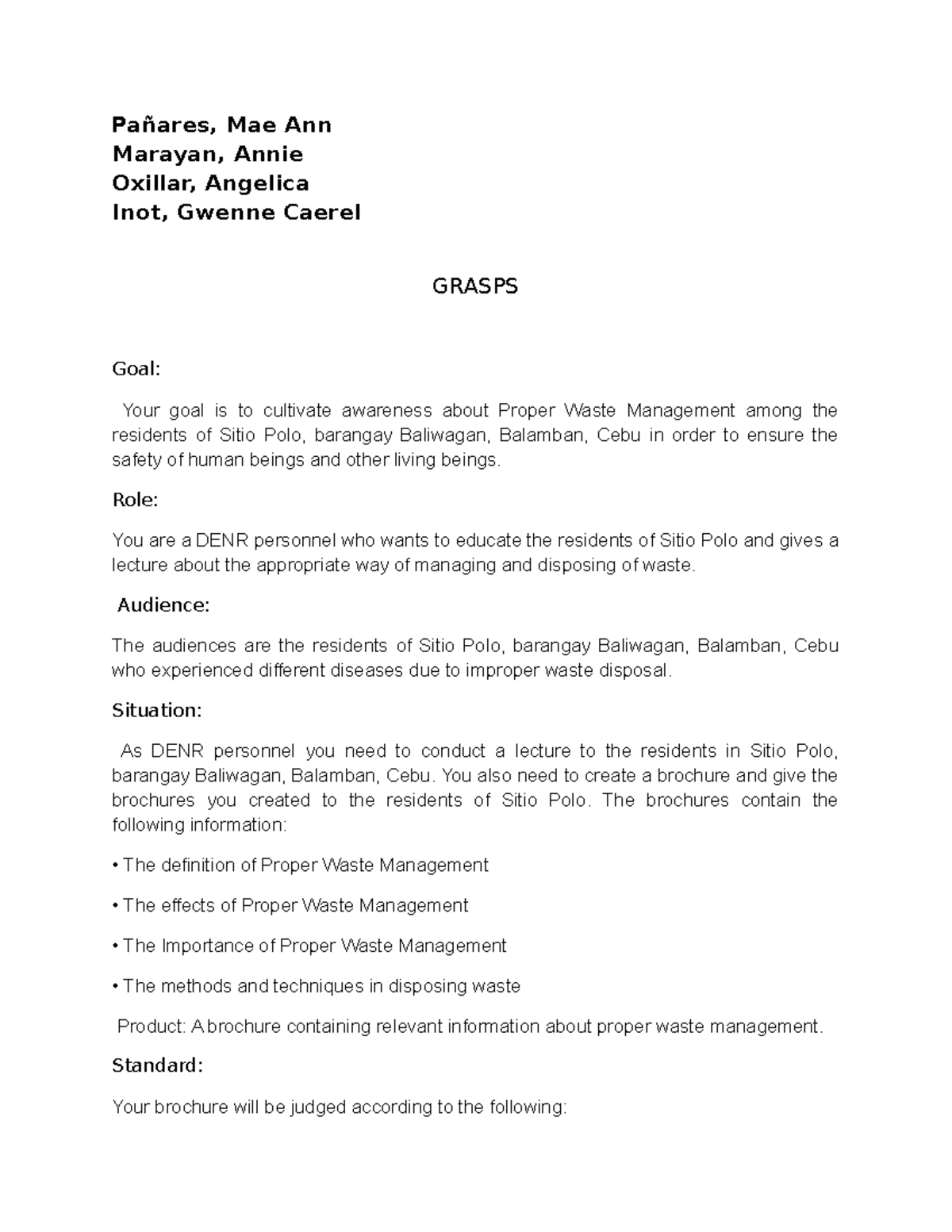 G.R.A.S.P MODEL Pañares, Mae Ann Marayan, Annie Oxillar, Angelica