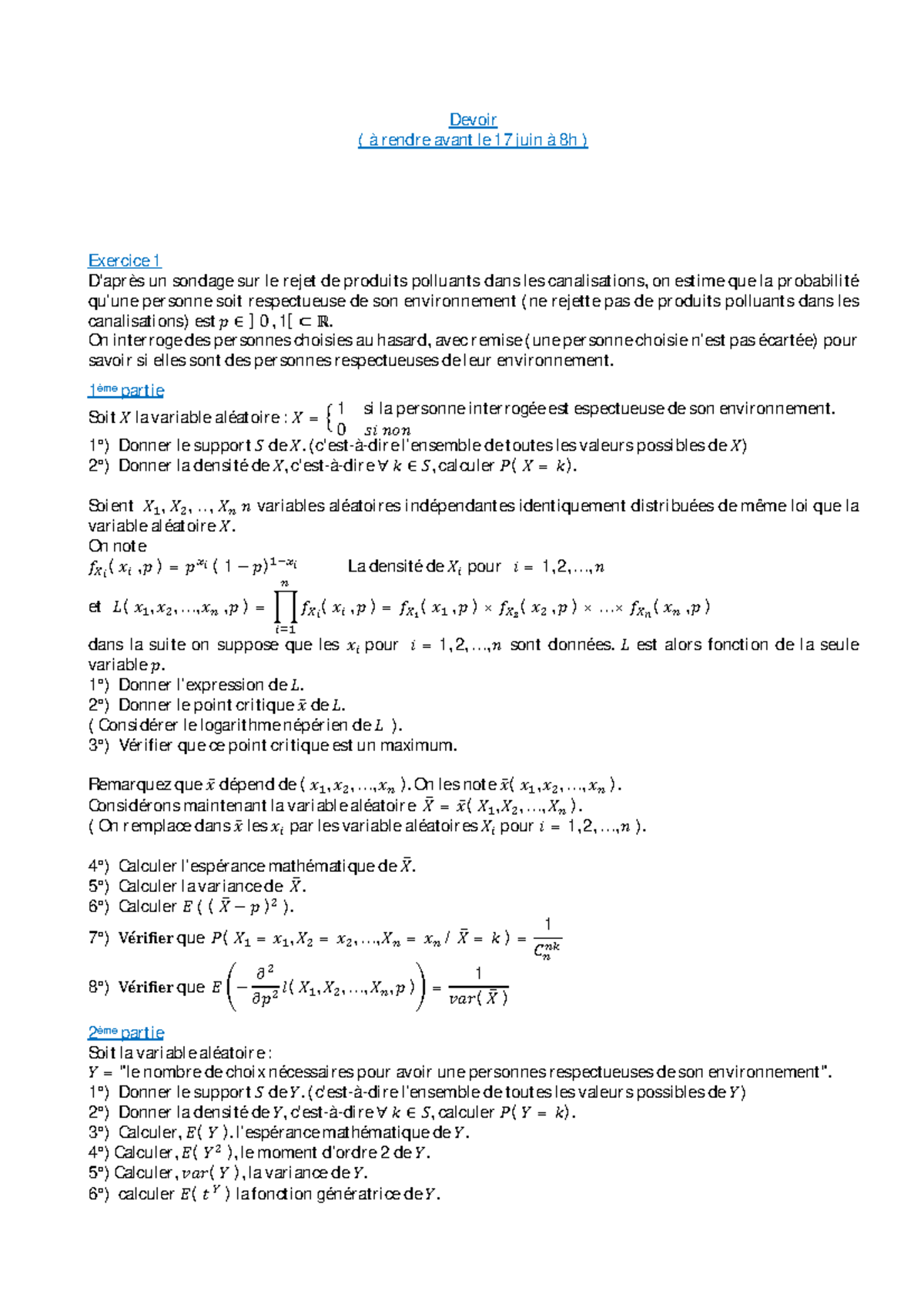 Cours des probabilités - Devoir ( à rendre avant le 17 juin à 8h ...