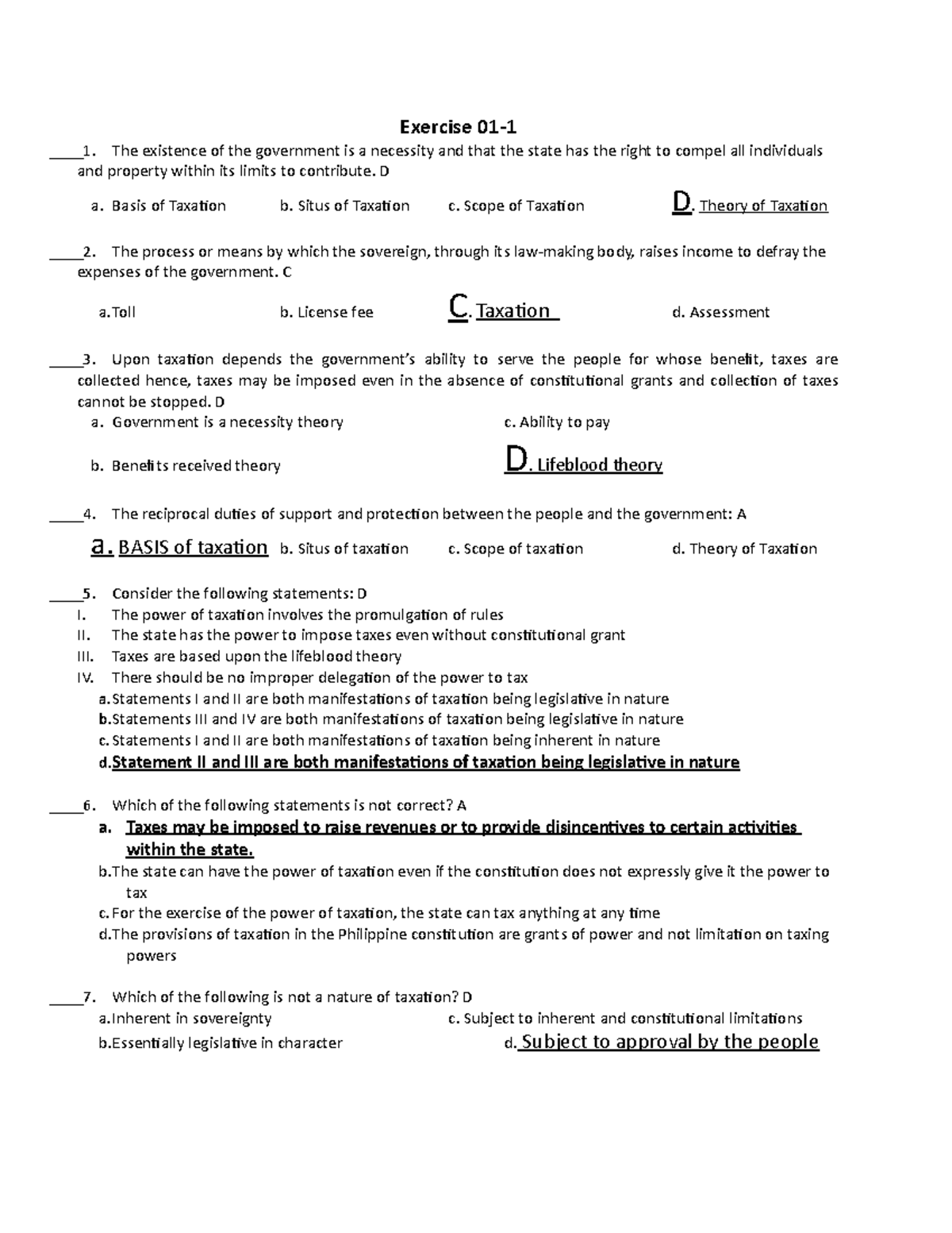 A076 Income Taxation Exercises DONE - Exercise 01- ____1. The existence ...