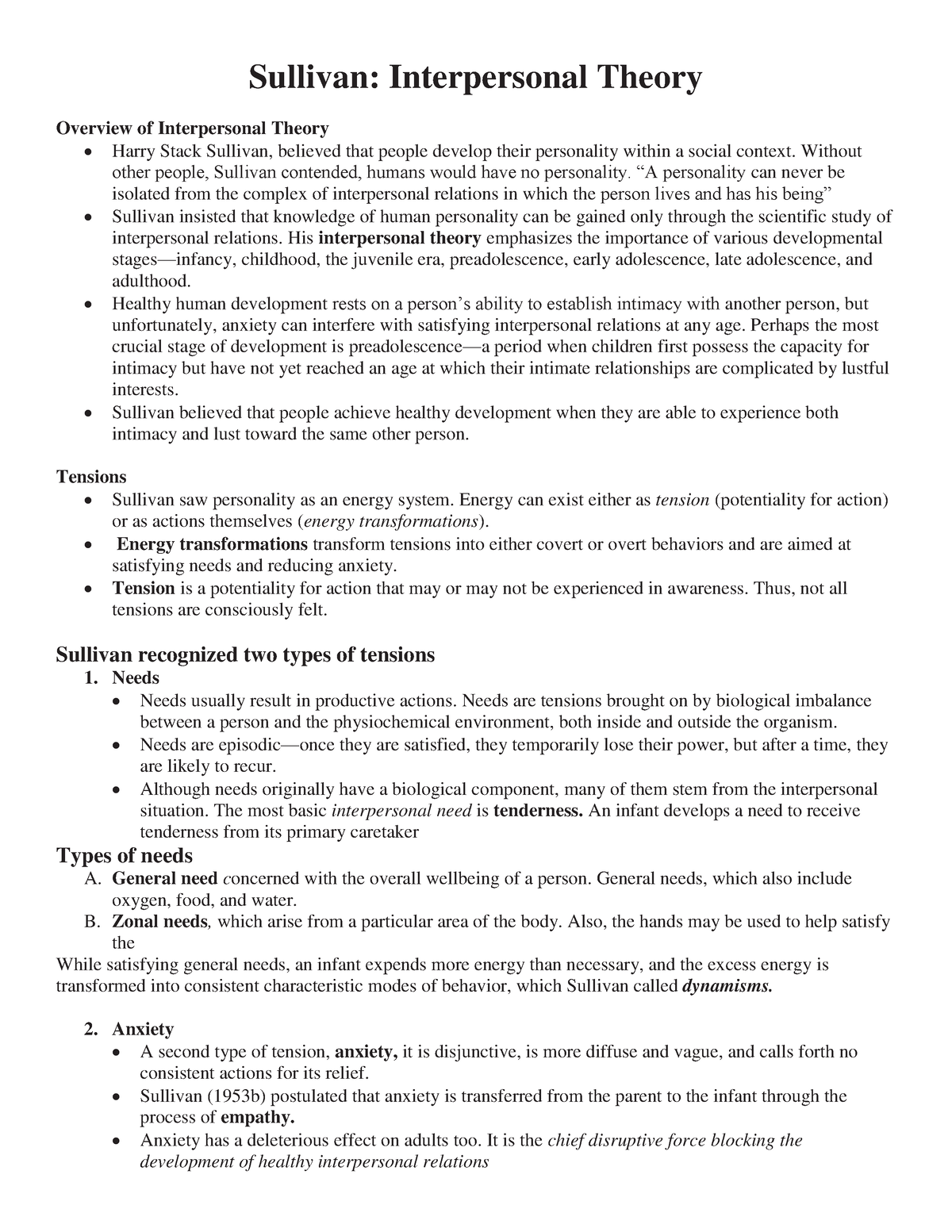 Sullivan Personality Theory - Sullivan: Interpersonal Theory Overview ...