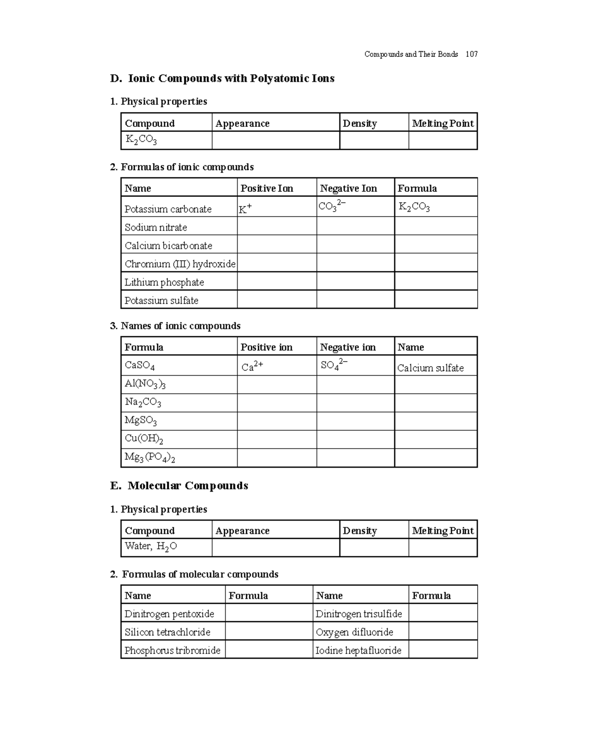At home lab 3 Compounds and Their Bonds 107 D. Ionic Compounds with
