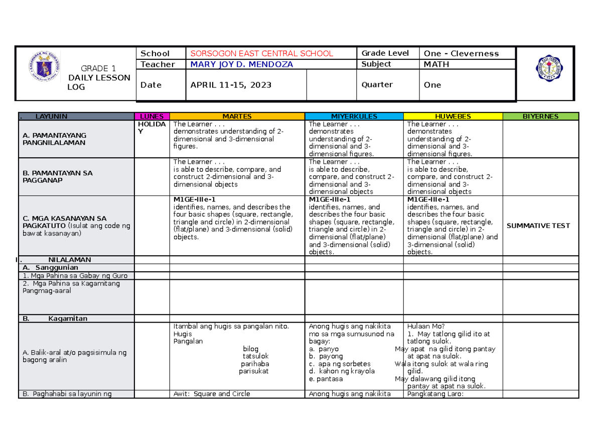 MATH Third Quarter WEEK 3 - GRADE 1 DAILY LESSON LOG School SORSOGON ...